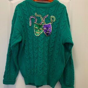 Vintage GREEN Pullover CABLE KNIT SWEATER w Big MARDI GRAS SEQUIN Applique * M